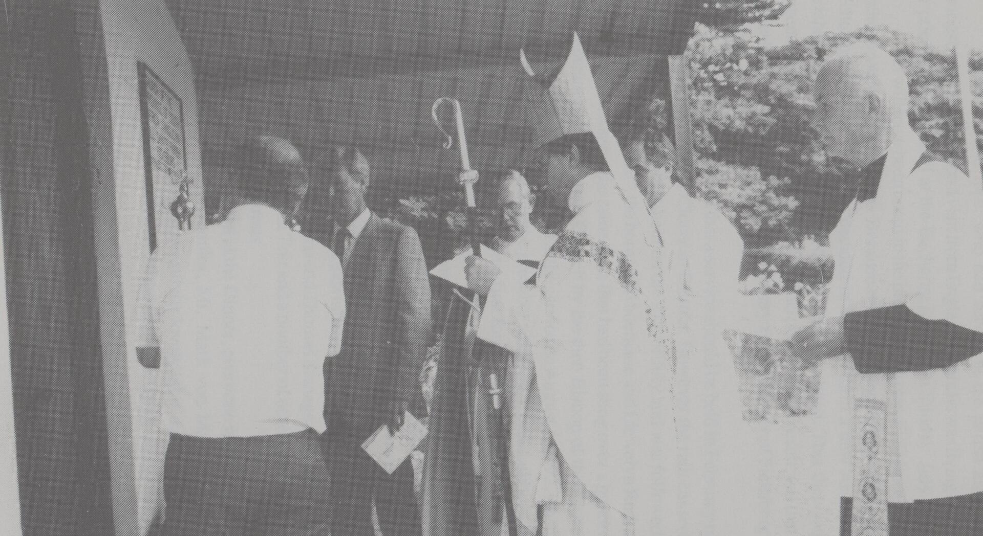 Bishop Thomas being received at the rededication of All Saints' Church, 1991.